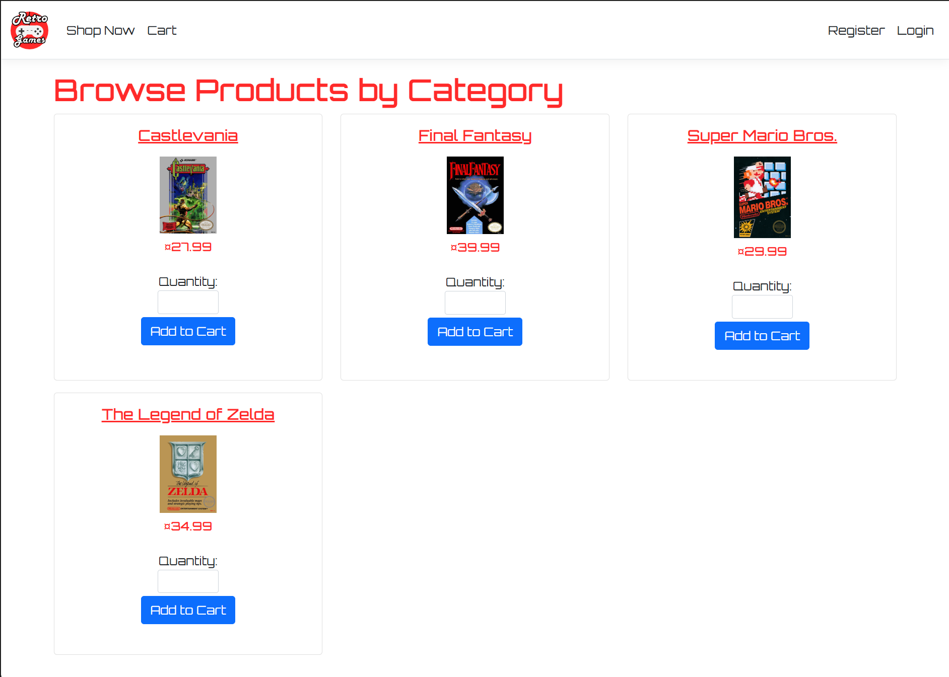 Retro Video Game Store e-commerce app